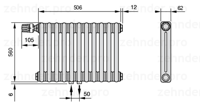 Схема (чертеж) Радиатор Zehnder Charleston 2056/11 №V007 Белый глянцевый RAL 9016